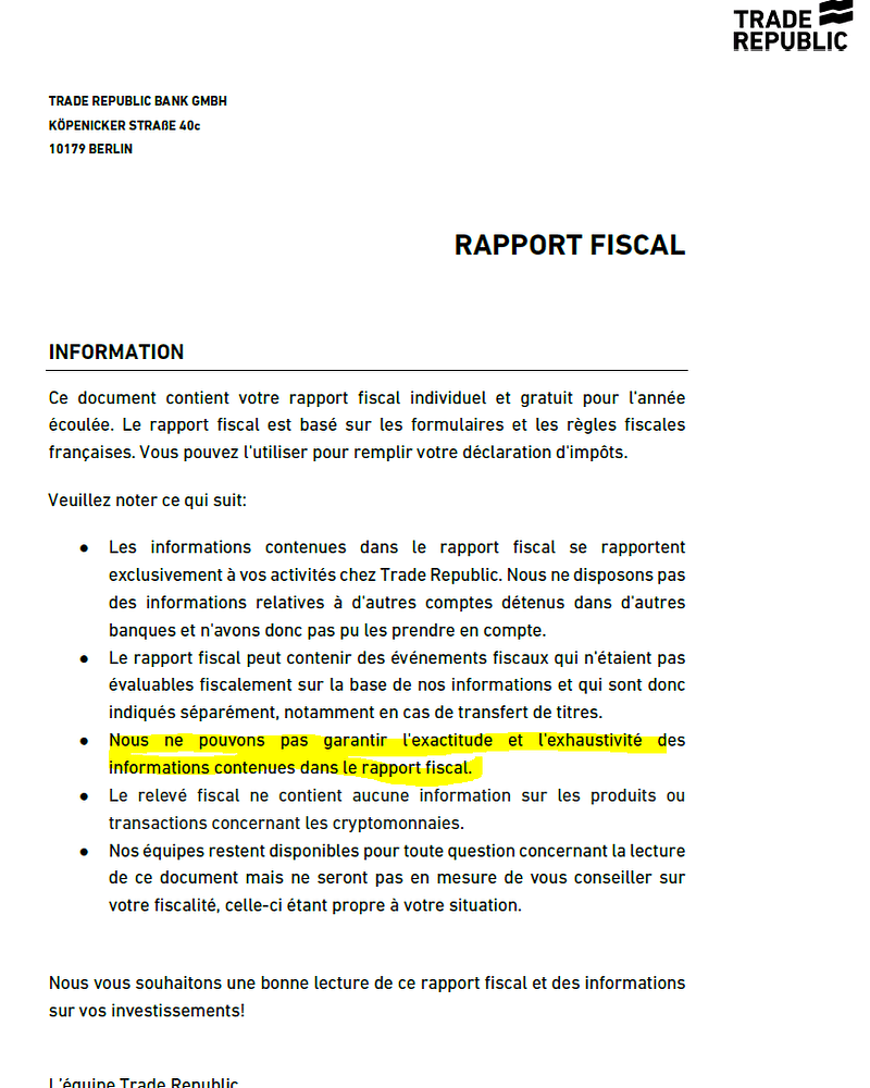 Rapport fiscal ou IFU Trade republic pour la declaration d